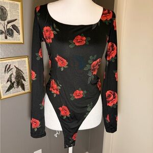 Floral‎ Black and Red Women's Bodysuit